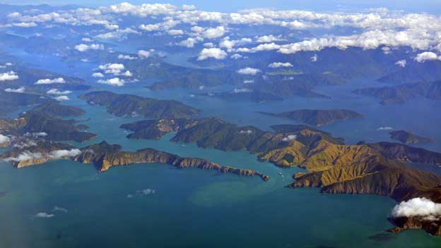 Aerial view of the Marlborough Sounds on an Autumn Morning